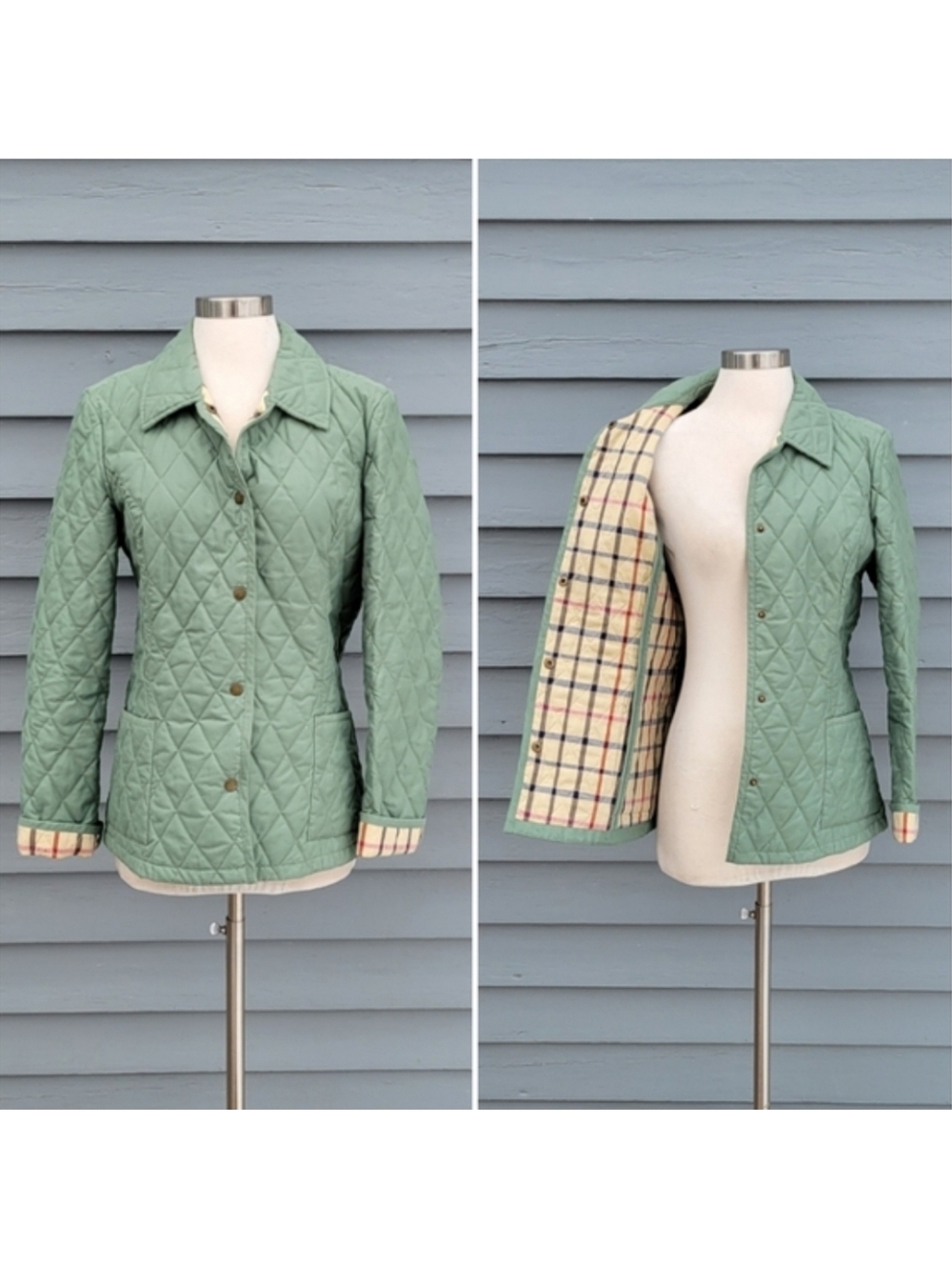 Brooks Brothers Green Quilted‎ Nova Check Plaid Liner Light Chore Coat Jacket 8